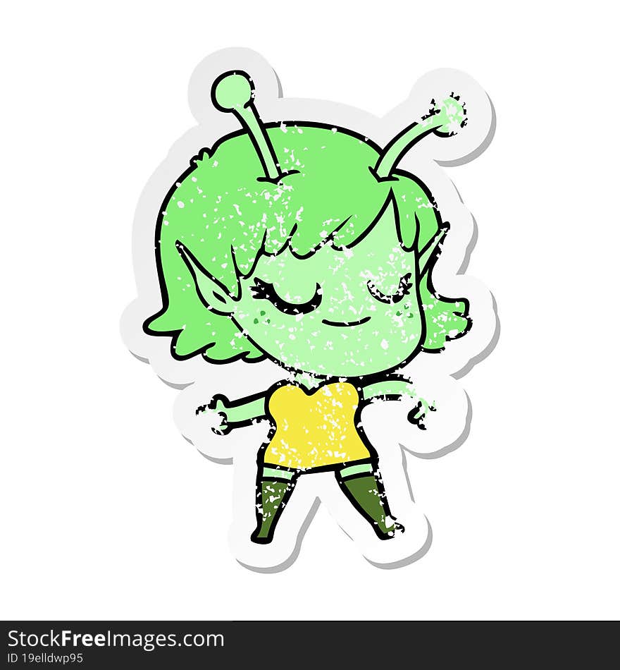 distressed sticker of a smiling alien girl cartoon