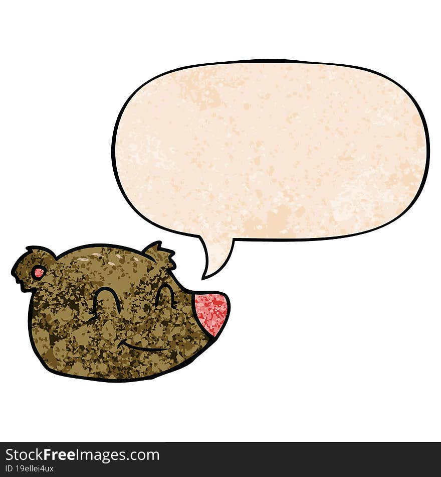 cartoon happy bear face and speech bubble in retro texture style