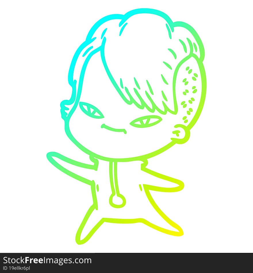 cold gradient line drawing of a cute cartoon girl with hipster haircut