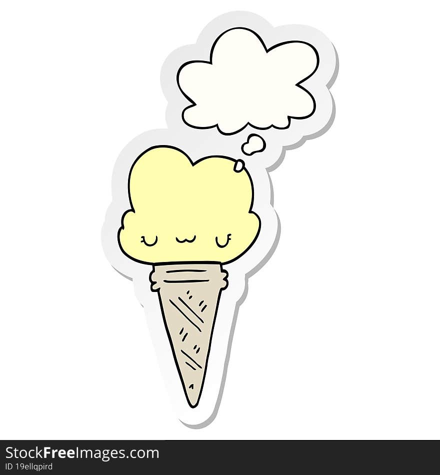 cartoon ice cream with face with thought bubble as a printed sticker