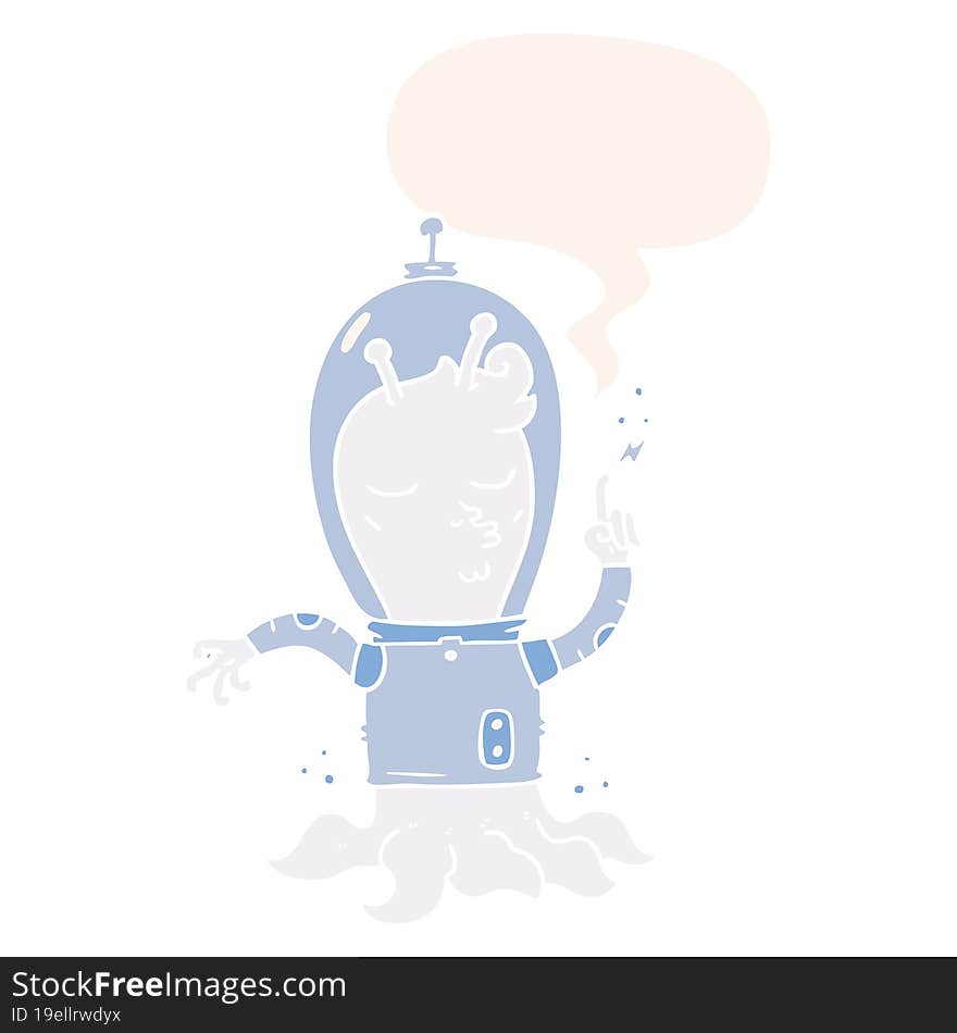 cartoon alien and speech bubble in retro style