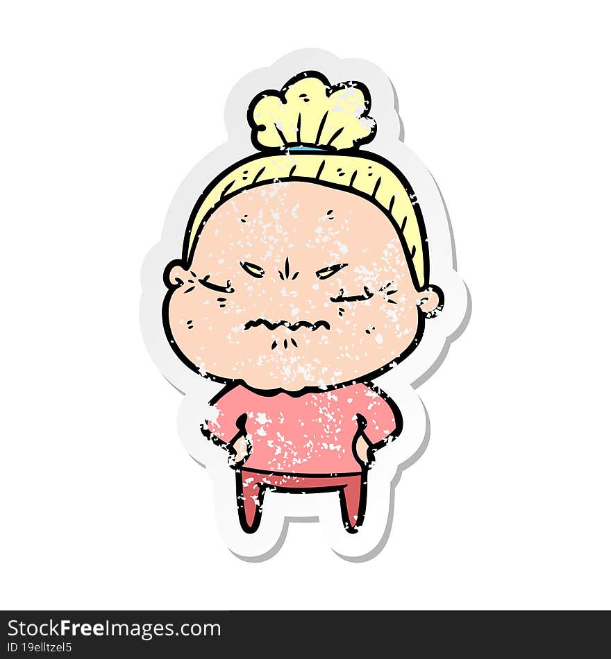 distressed sticker of a cartoon annoyed old lady