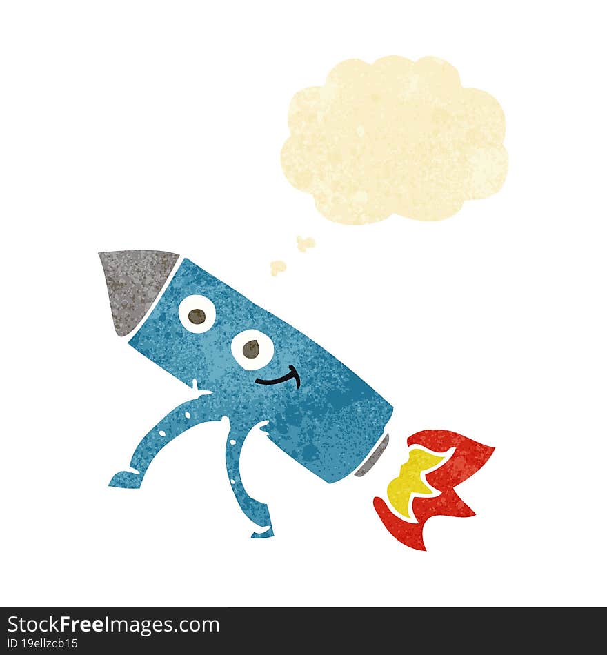 cartoon happy rocket with thought bubble