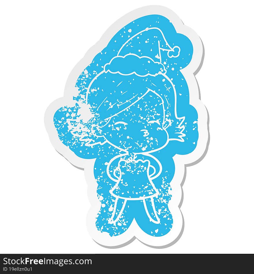 quirky cartoon distressed sticker of a woman wearing santa hat