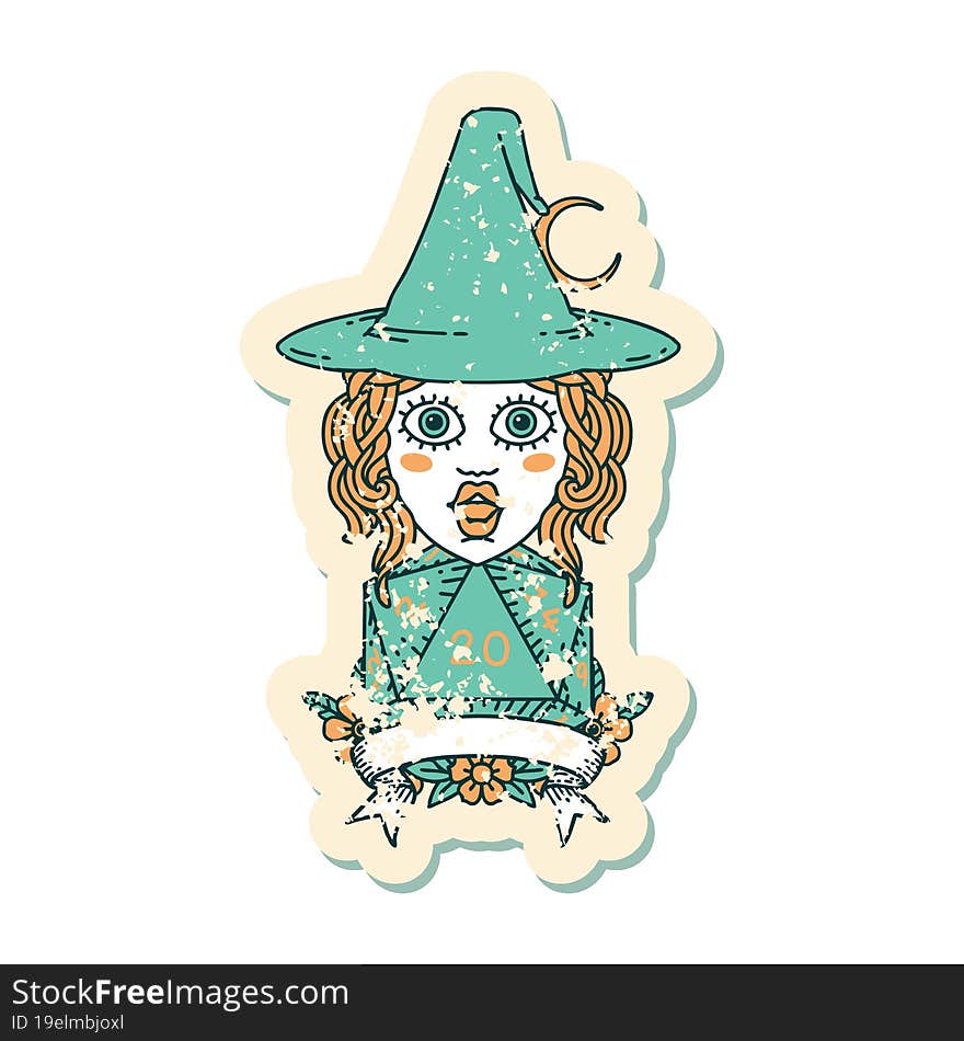 Retro Tattoo Style human witch with natural twenty dice roll. Retro Tattoo Style human witch with natural twenty dice roll