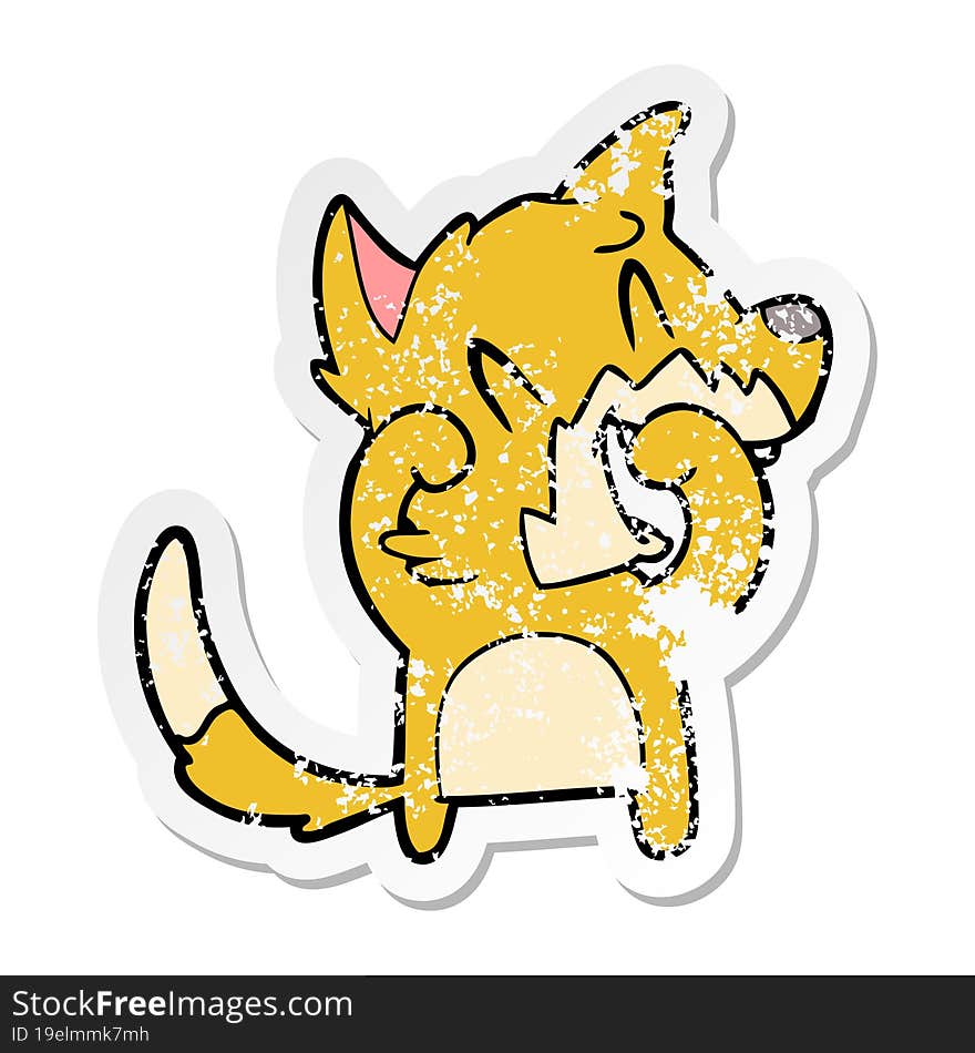 distressed sticker of a laughing fox cartoon