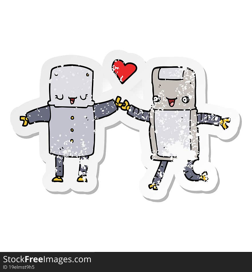 Distressed Sticker Of A Cartoon Robots In Love