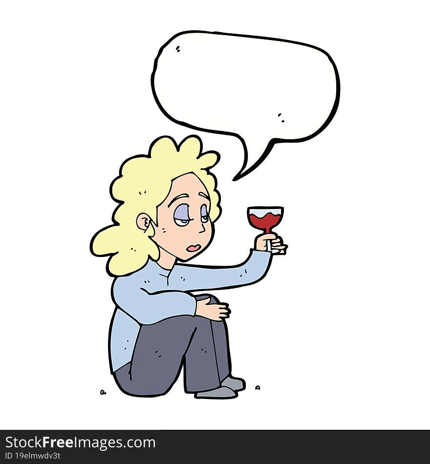 Cartoon Unhappy Woman With Glass Of Wine With Speech Bubble