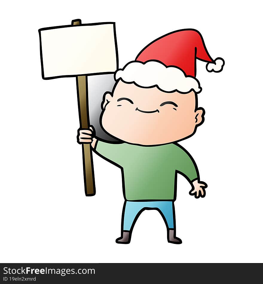 Happy Gradient Cartoon Of A Bald Man Wearing Santa Hat