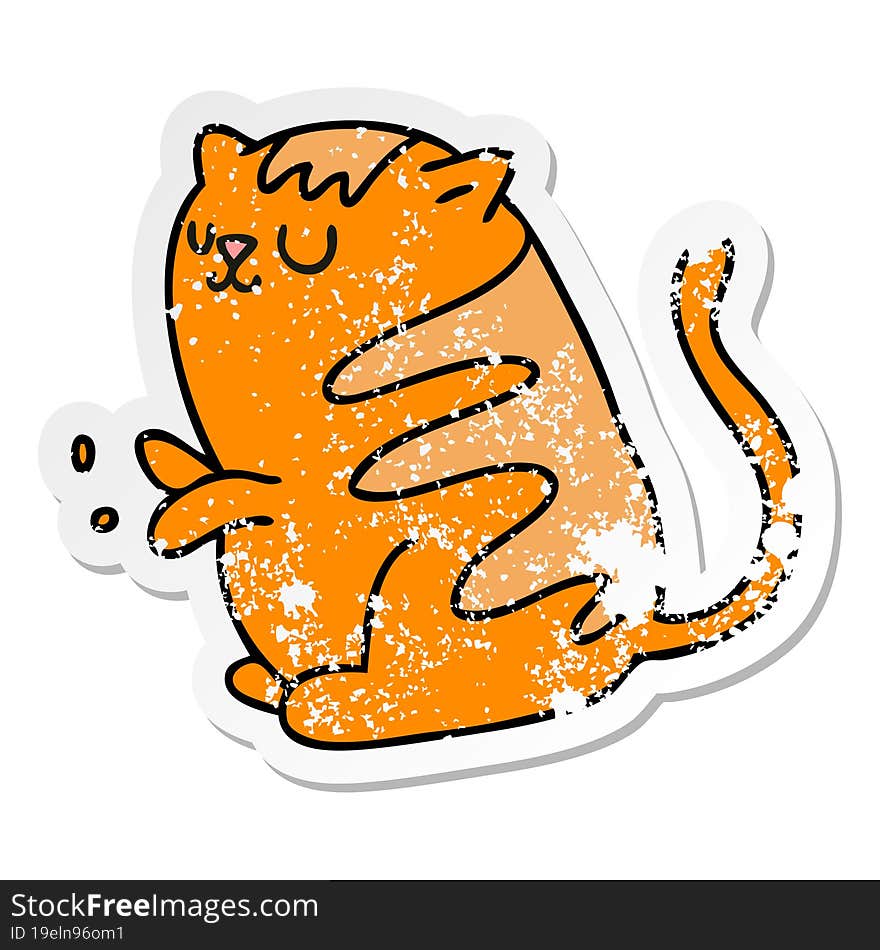 distressed sticker of a quirky hand drawn cartoon cat