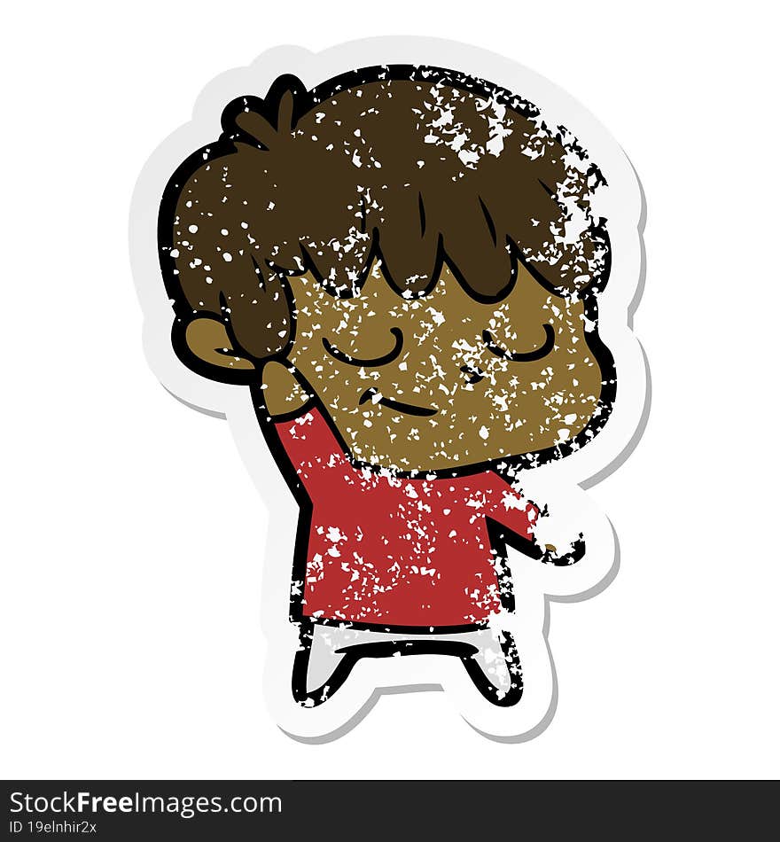 distressed sticker of a happy cartoon boy