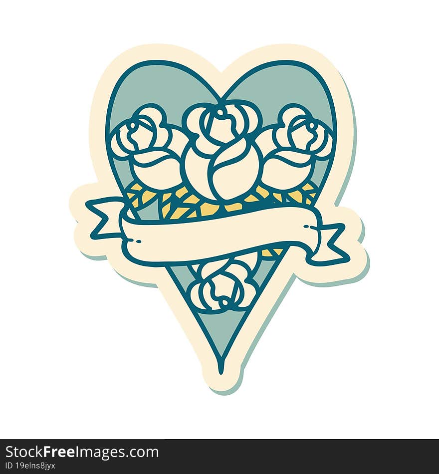 Tattoo Style Sticker Of A Heart And Banner With Flowers