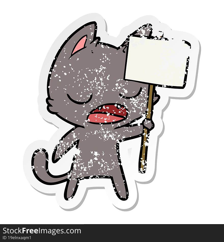 distressed sticker of a talking cat cartoon with placard