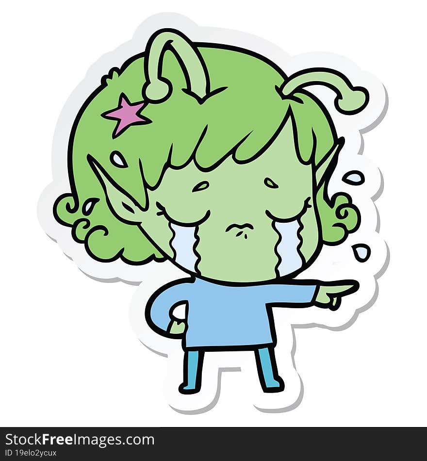 Sticker Of A Cartoon Crying Alien Girl