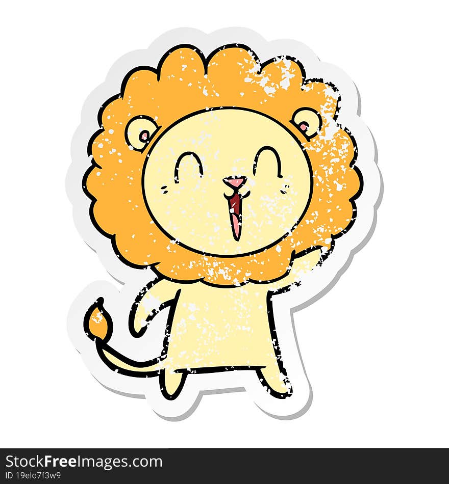 distressed sticker of a laughing lion cartoon