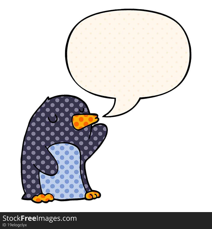 cartoon penguin and speech bubble in comic book style