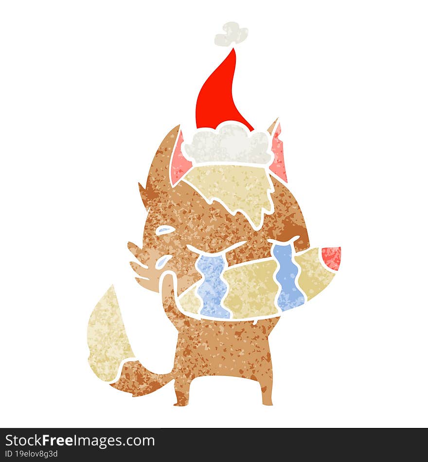 Retro Cartoon Of A Crying Wolf Wearing Santa Hat