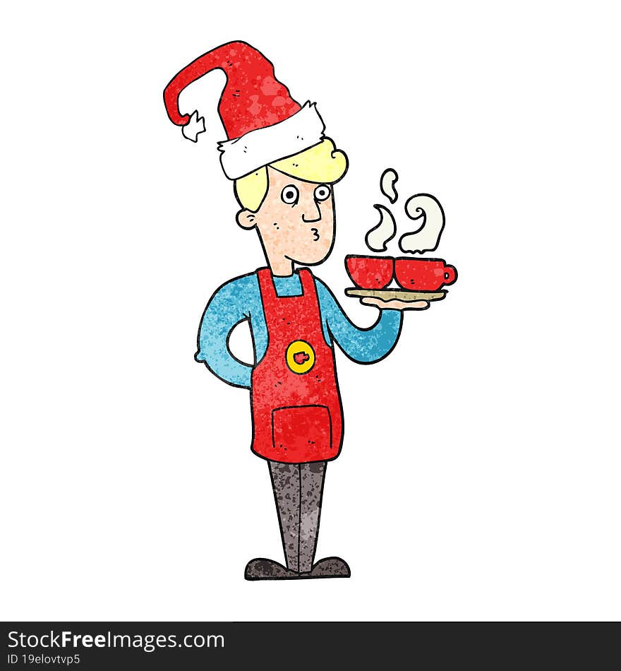 textured cartoon barista serving coffee at christmas