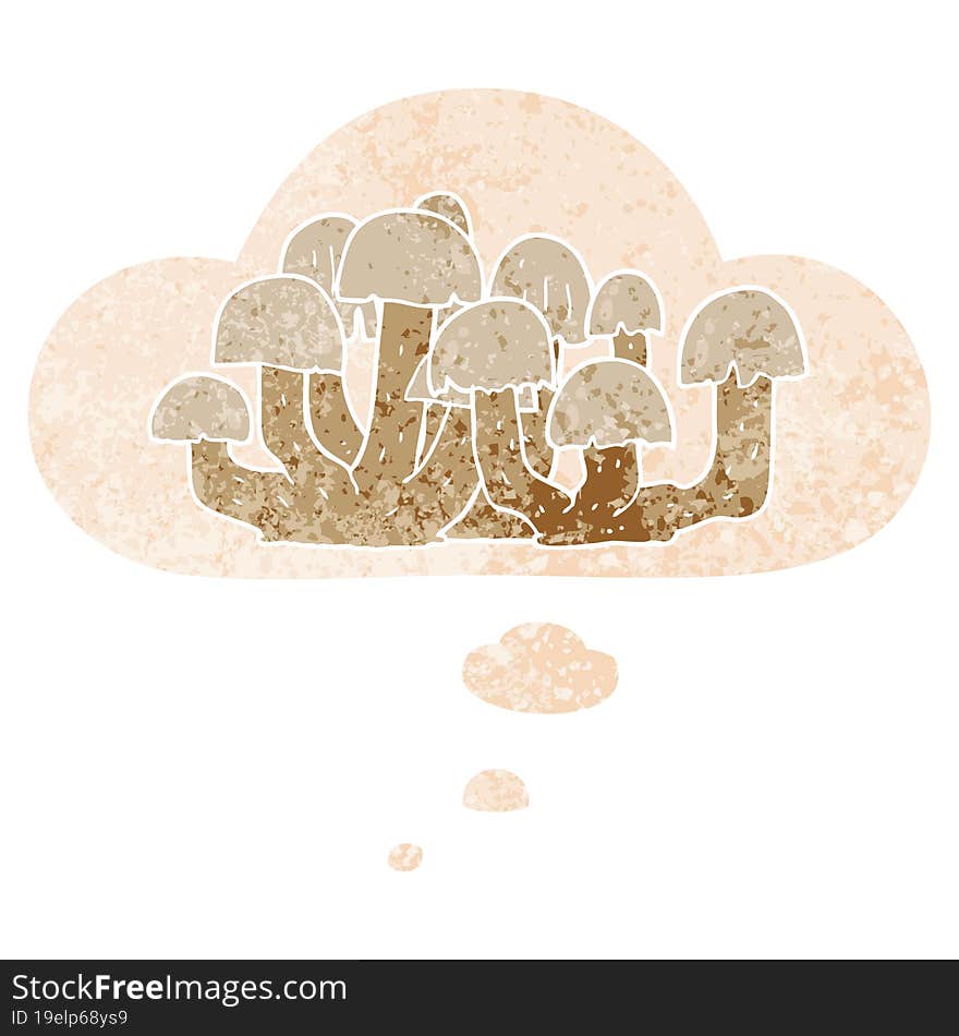 cartoon mushroom with thought bubble in grunge distressed retro textured style. cartoon mushroom with thought bubble in grunge distressed retro textured style