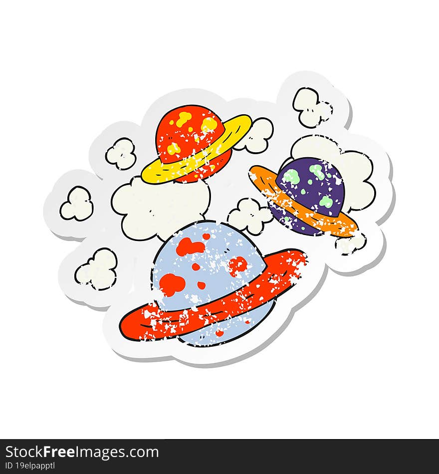 retro distressed sticker of a cartoon planets