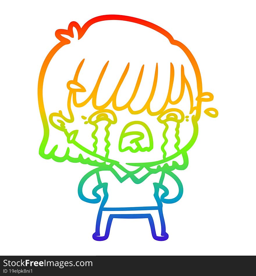 rainbow gradient line drawing of a cartoon girl crying