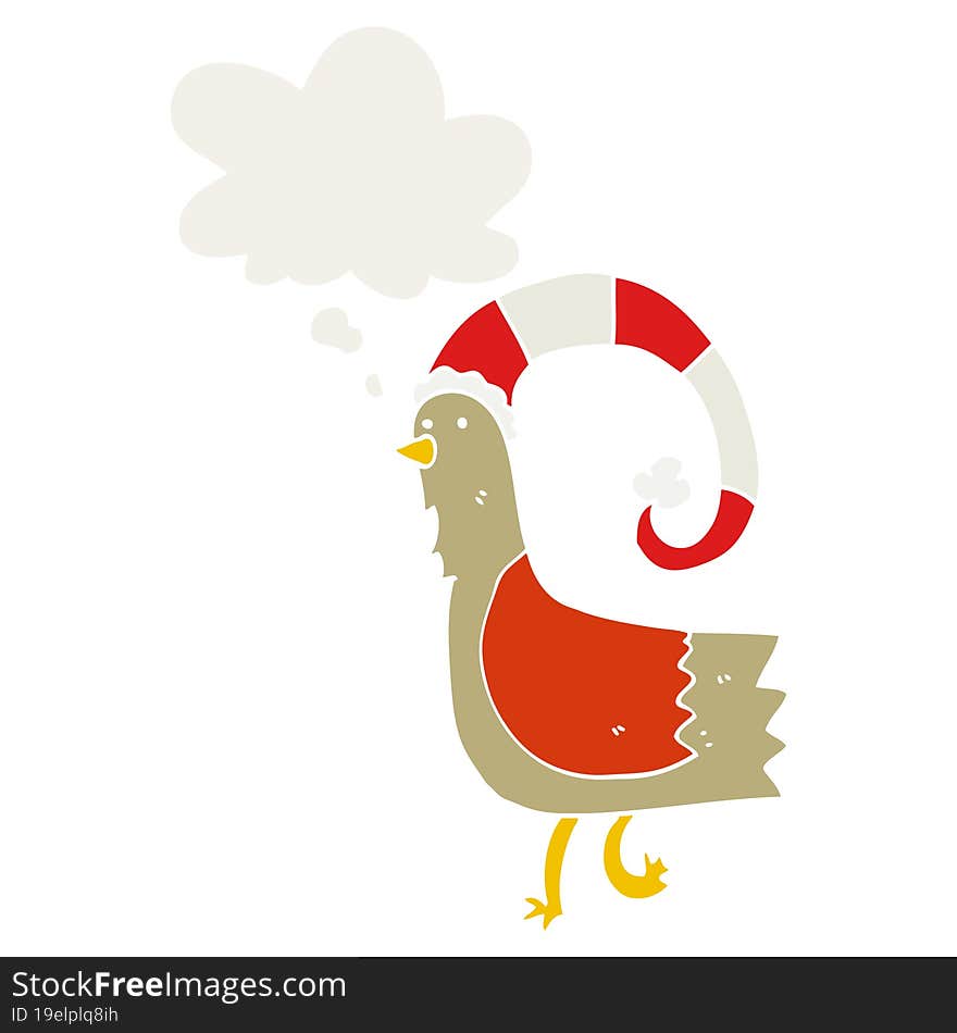 cartoon chicken in funny christmas hat with thought bubble in retro style