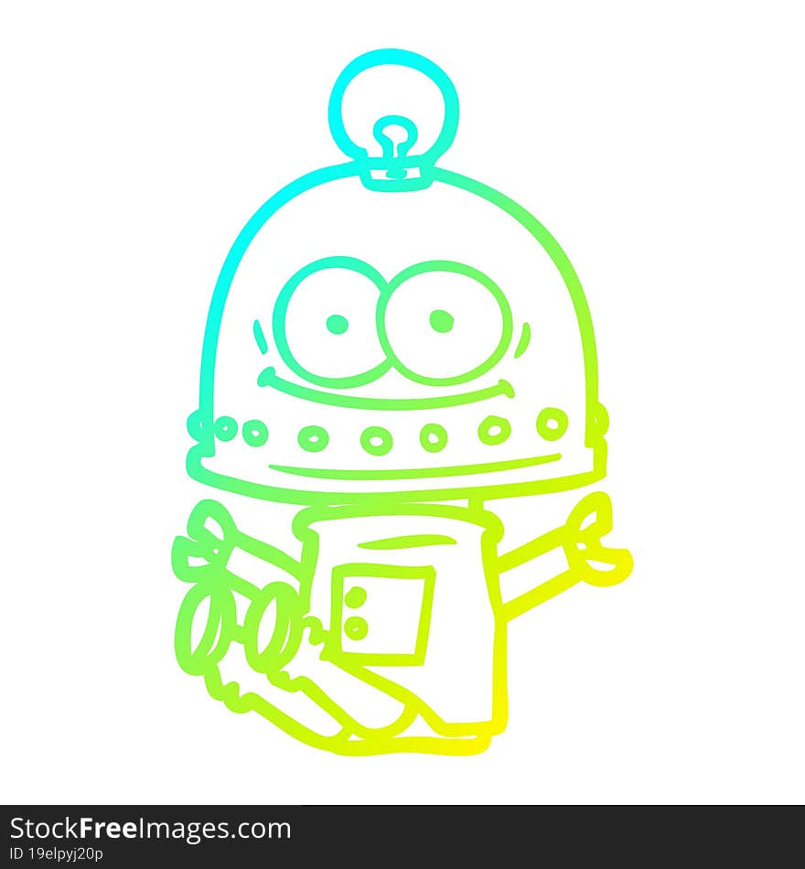 cold gradient line drawing happy carton robot with light bulb