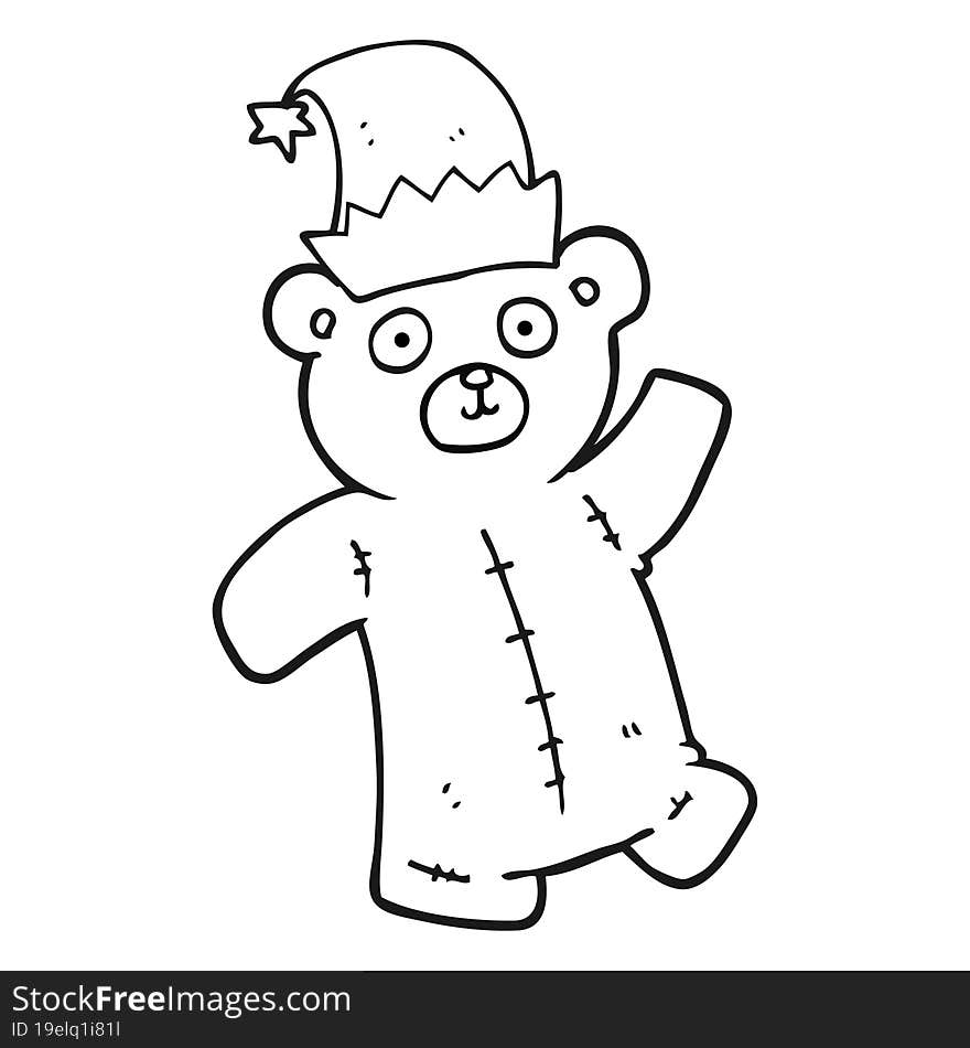 black and white cartoon teddy bear wearing christmas hat