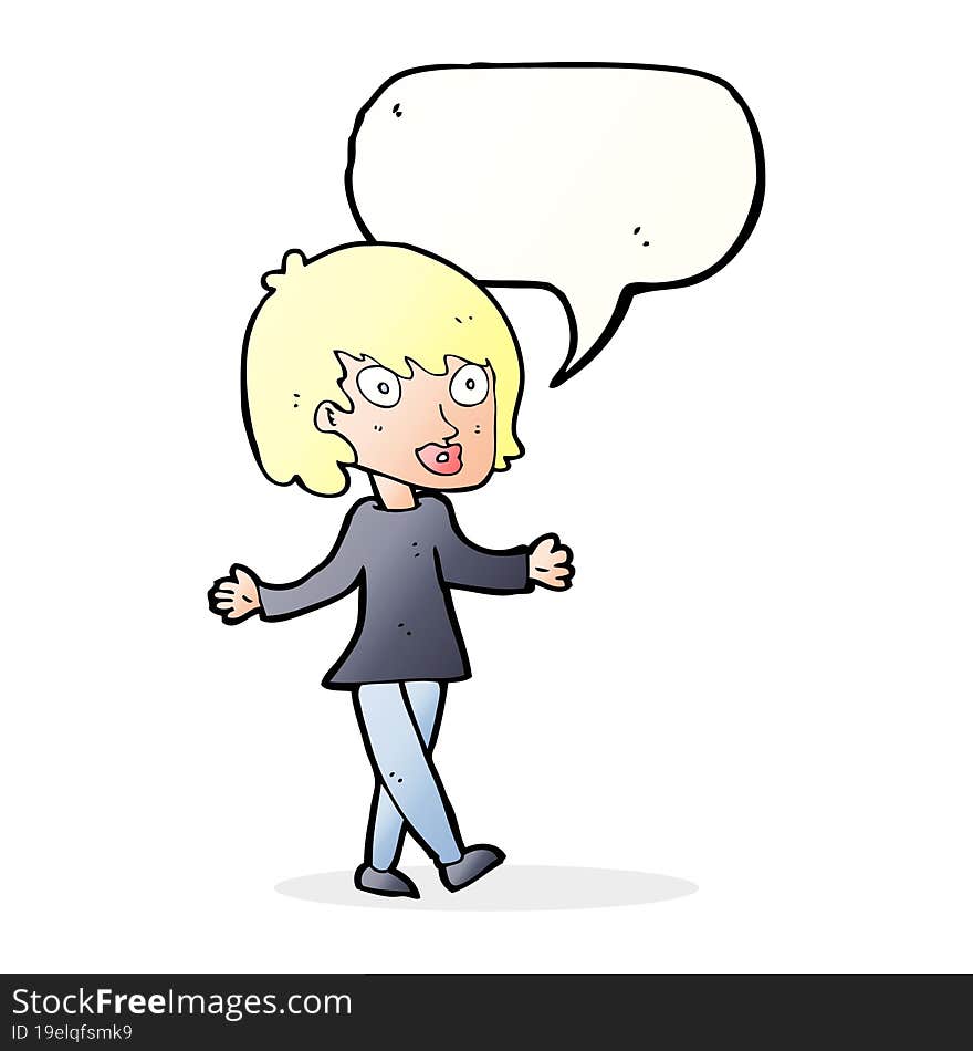 cartoon woman with open arms with speech bubble