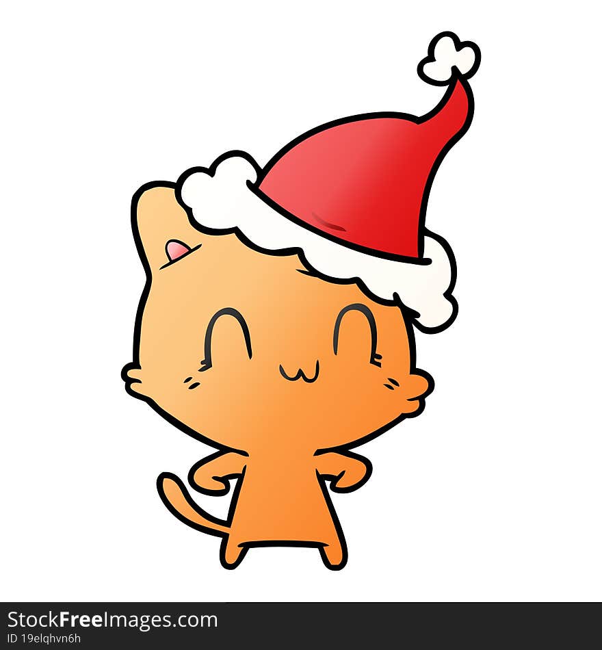 gradient cartoon of a happy cat wearing santa hat