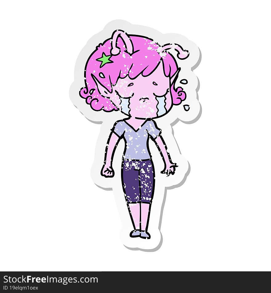 distressed sticker of a cartoon crying alien girl