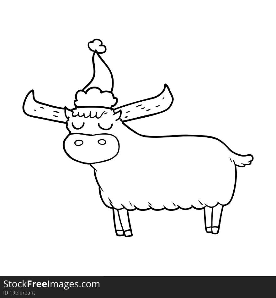 line drawing of a bull wearing santa hat