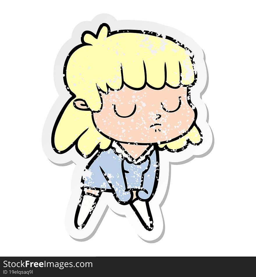 distressed sticker of a cartoon indifferent woman