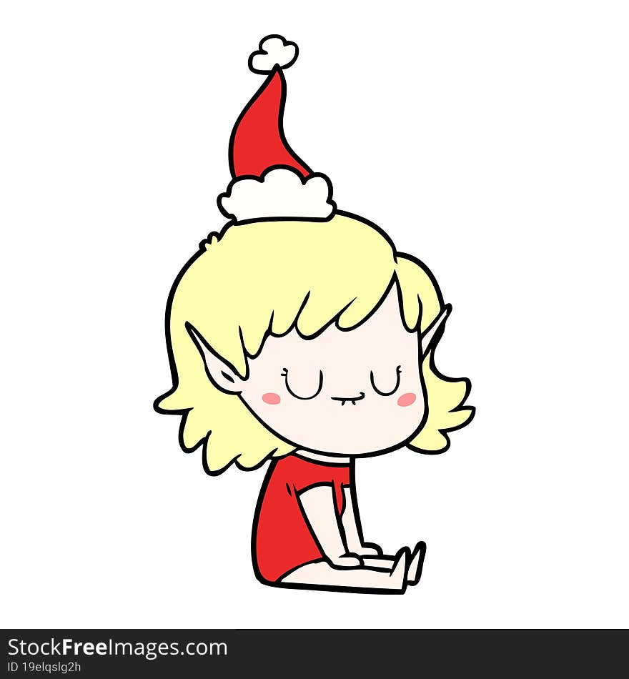 happy line drawing of a elf girl wearing santa hat