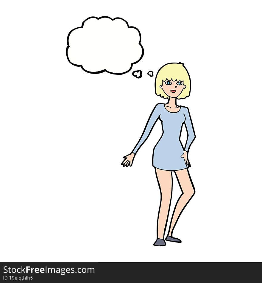 cartoon woman in dress with thought bubble