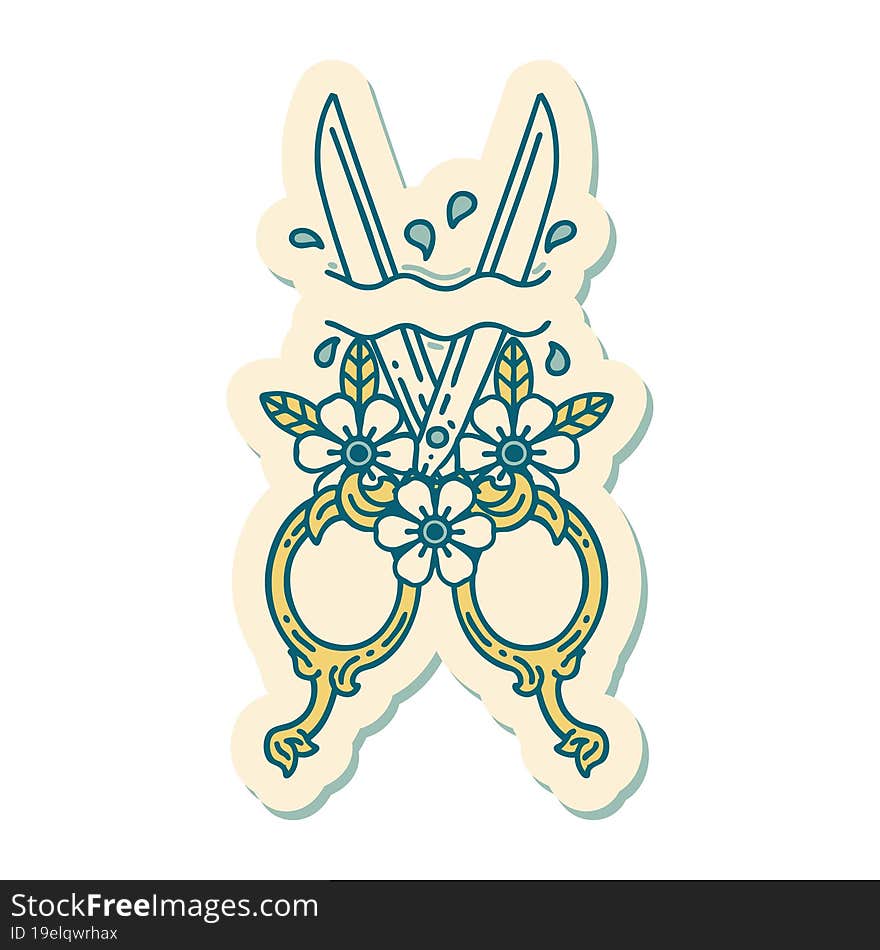 sticker of tattoo in traditional style of barber scissors and flowers. sticker of tattoo in traditional style of barber scissors and flowers