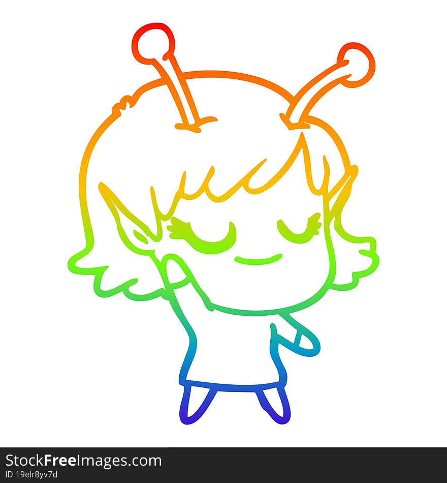 rainbow gradient line drawing smiling alien girl cartoon