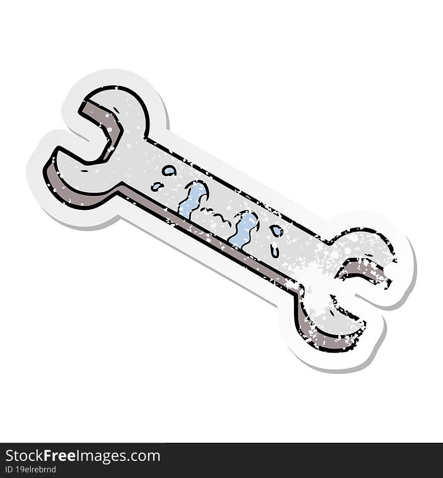 distressed sticker of a cartoon crying spanner