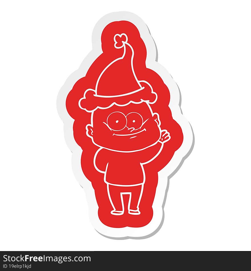 cartoon  sticker of a bald man staring wearing santa hat