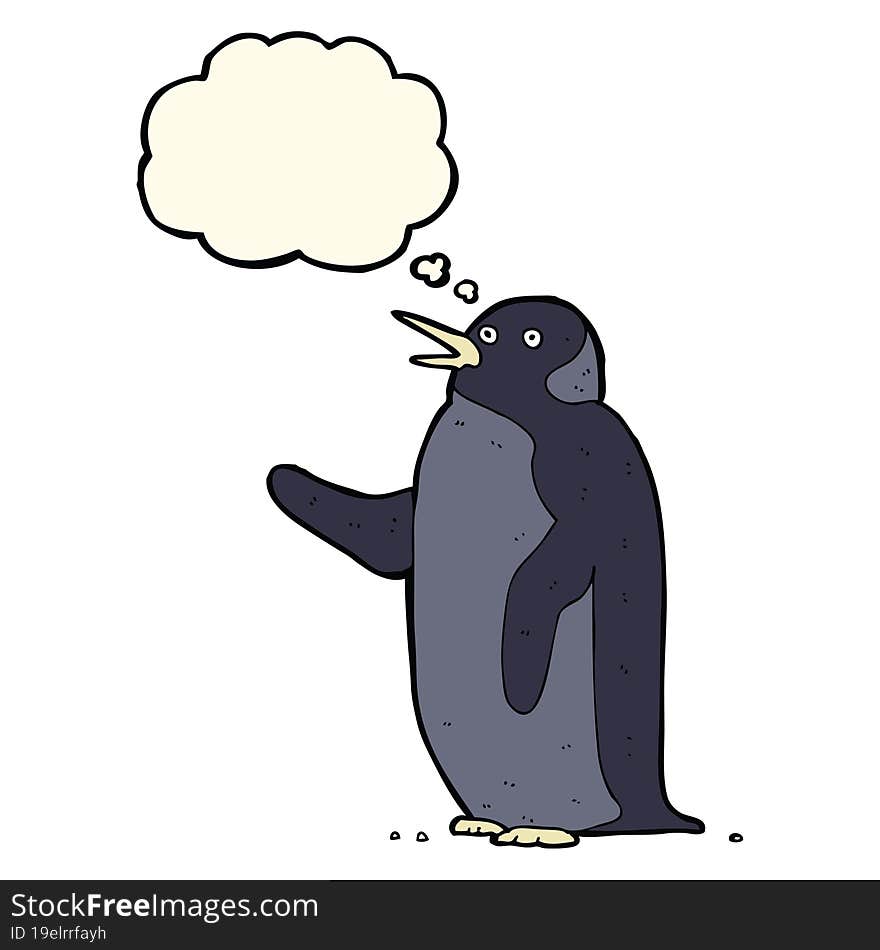 cartoon penguin waving with thought bubble