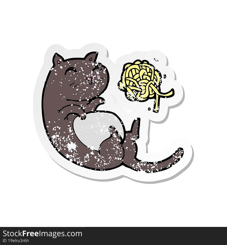 Retro Distressed Sticker Of A Cartoon Cat With Ball Of Yarn