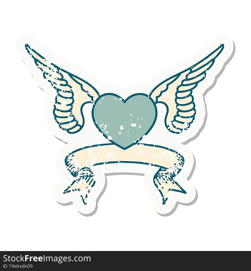 grunge sticker with banner of a heart with wings