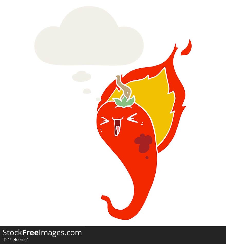 cartoon flaming hot chili pepper and thought bubble in retro style