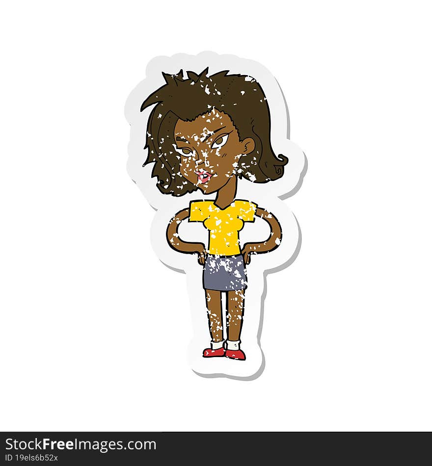 retro distressed sticker of a cartoon woman with hands on hips