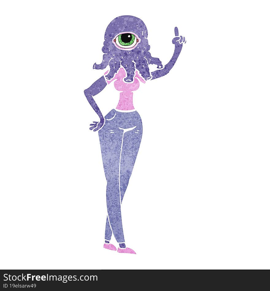 retro cartoon female alien with raised hand