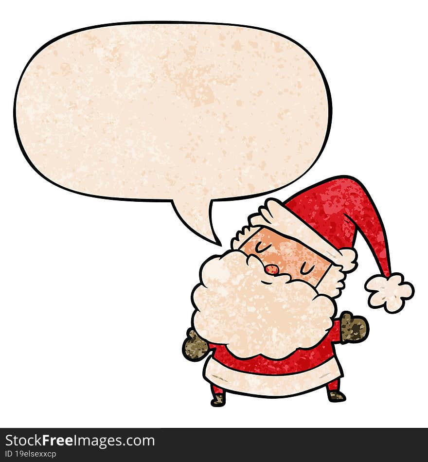 cartoon santa claus and speech bubble in retro texture style