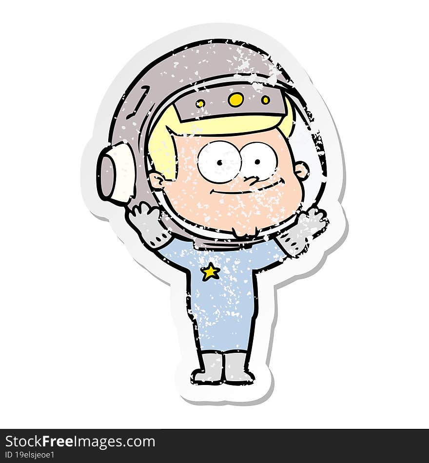 distressed sticker of a happy astronaut cartoon