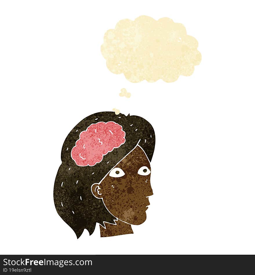 cartoon female head with brain symbol with thought bubble