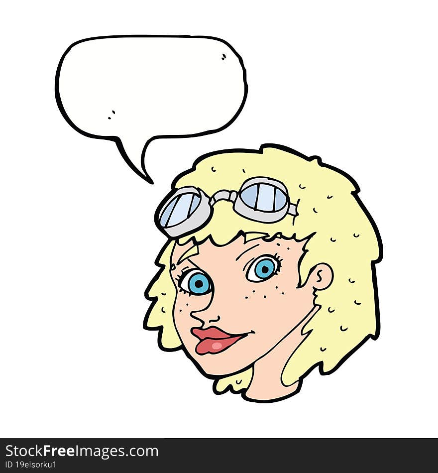 cartoon happy woman wearing aviator goggles with speech bubble