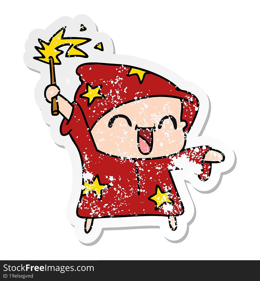 distressed sticker cartoon of a happy little wizard